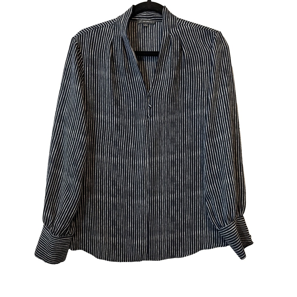 Adrianna Papell Navy Blue Stripe‎ Long Sleeve V Neck Blouse Women's L Nautical